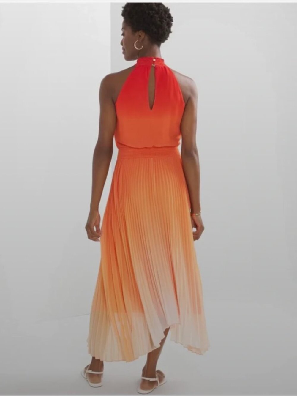 NWOT White House Black Market Orange Ombre Pleated Halter Midi Dress